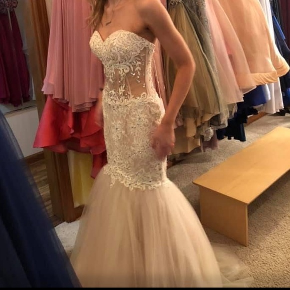 Strapless nude/pink Lace Gown - Picture 3 of 6